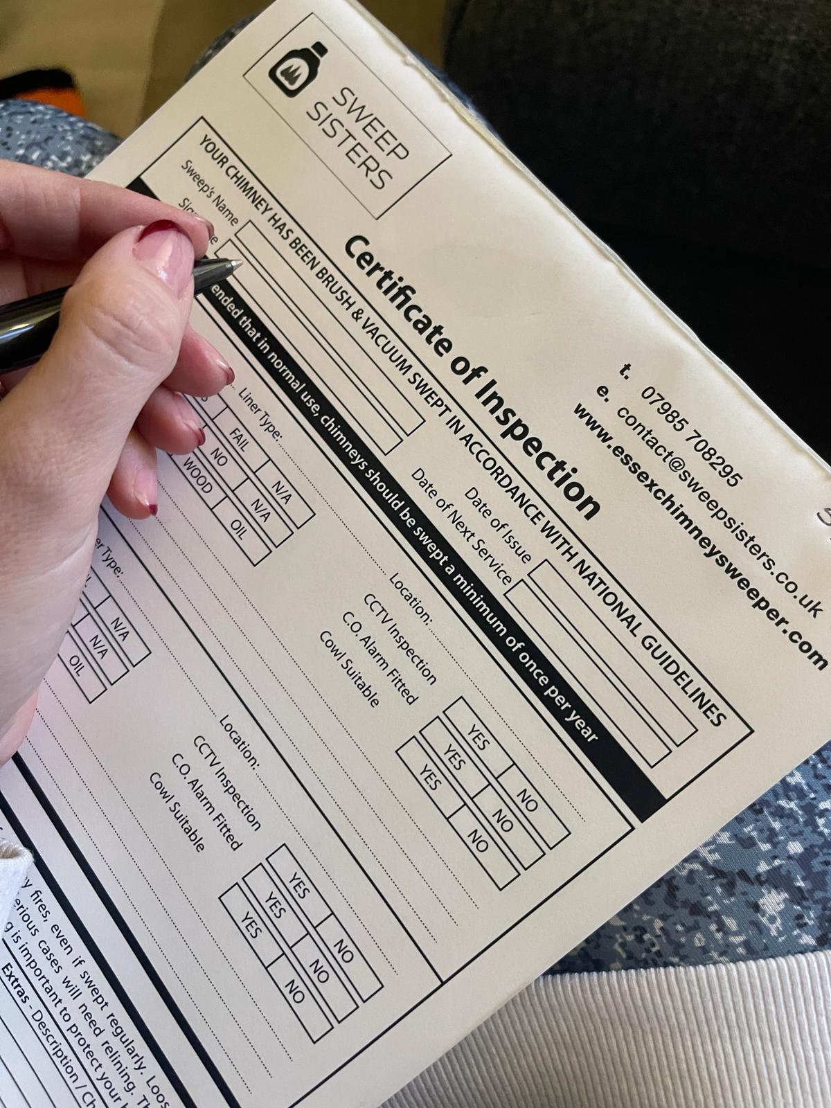 A professional chimney inspection certificate